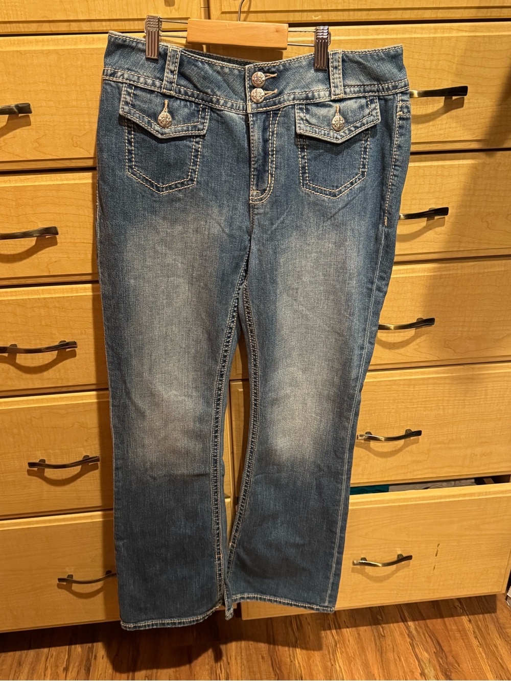 Miss Me Faded Blue Boot Leg Jeans with Decorative Flap Pockets